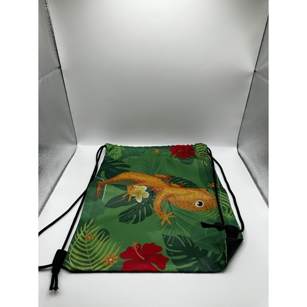 Tropical Gecko Drawstring Bag – Green Jungle Backpack with Hibiscus Flowers